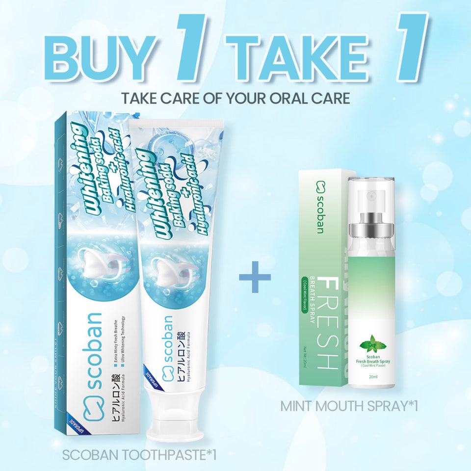 【FDA APPROVED SCoban teeth Whitening toothpaste Hyaluronic Acid Dual-Effect and Scoban mouth spray Fresh Breath